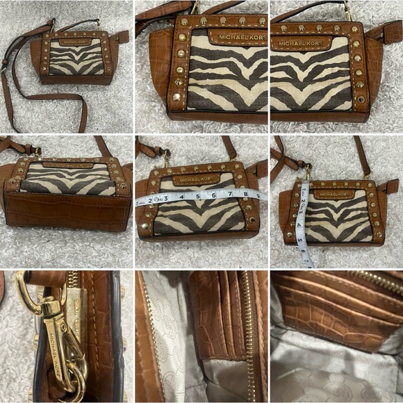 Michael Kors Zebra Print Canvas Croc Leather Studded Selma Crossbody Bag - Picture 14 of 14